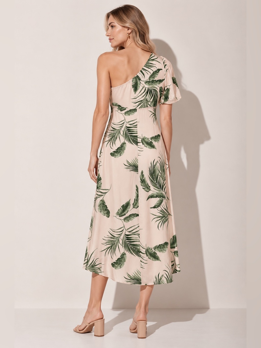 KAOS One Shoulder Tropical Palm Print Midi Dres Beige Botanical Resort Wedding S - Picture 3 of 9